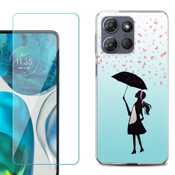 For Motorola Moto G Power 5G 2025 Phone Case Cover with Tempered Glass Screen Protector, by OneToughShield - Rain/Hearts