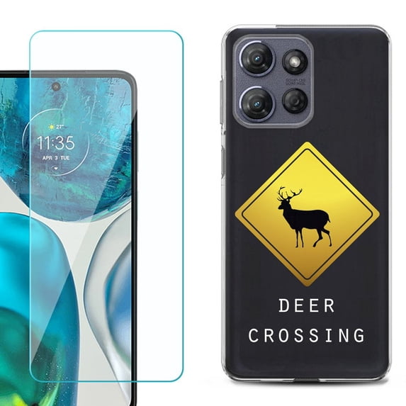 For Motorola Moto G Power 5G 2025 Phone Case Cover with Tempered Glass Screen Protector, by OneToughShield - Road Sign Deer