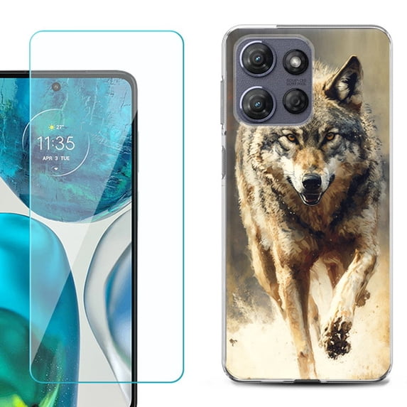 For Motorola Moto G Power 5G 2025 Phone Case Cover with Tempered Glass Screen Protector, by OneToughShield - Running Wolf