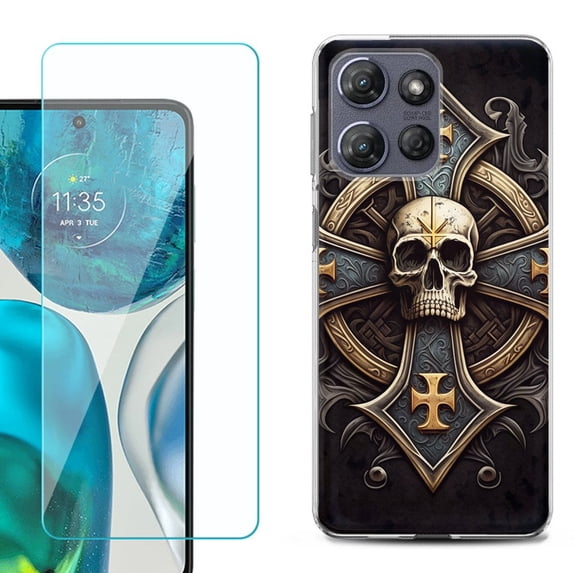 For Motorola Moto G Power 5G 2025 Phone Case Cover with Tempered Glass Screen Protector, by OneToughShield - Skull Art