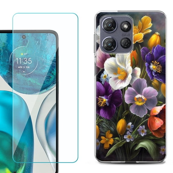 For Motorola Moto G Power 5G 2025 Phone Case Cover with Tempered Glass Screen Protector, by OneToughShield - Spring Flower