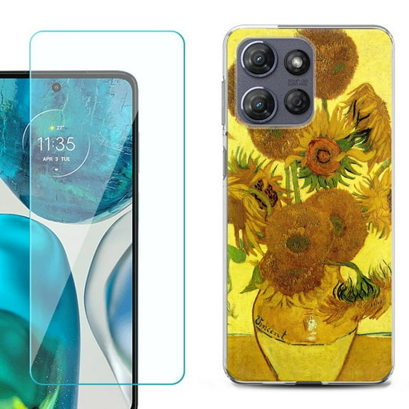 For Motorola Moto G Power 5G 2025 Phone Case Cover with Tempered Glass Screen Protector, by OneToughShield - Sunflower