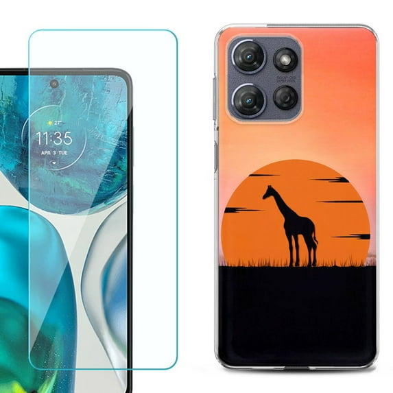 For Motorola Moto G Power 5G 2025 Phone Case Cover with Tempered Glass Screen Protector, by OneToughShield - Sunset Giraffe