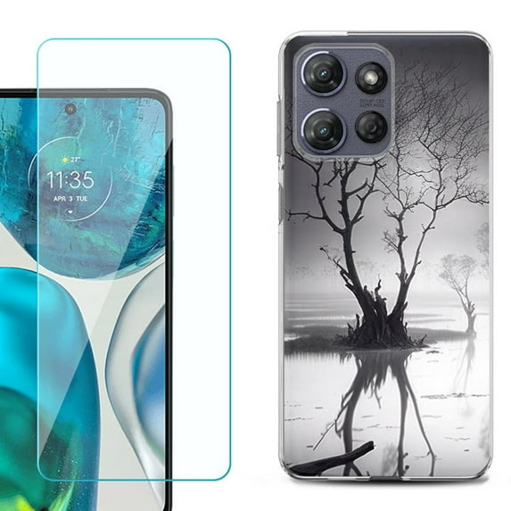 For Motorola Moto G Power 5G 2025 Phone Case Cover with Tempered Glass Screen Protector, by OneToughShield - Tree BW