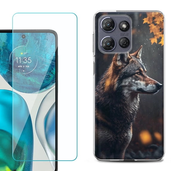 For Motorola Moto G Power 5G 2025 Phone Case Cover with Tempered Glass Screen Protector, by OneToughShield - Wolf Autumn
