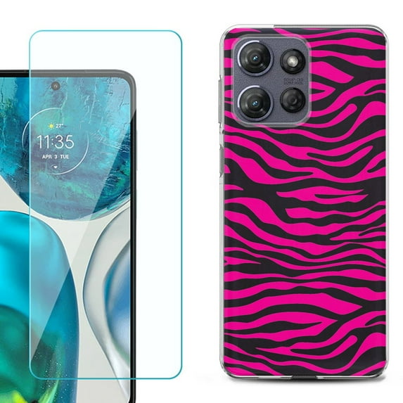 For Motorola Moto G Power 5G 2025 Phone Case Cover with Tempered Glass Screen Protector, by OneToughShield - Zebra Pink