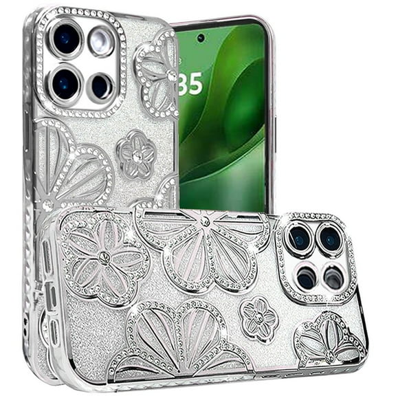 For Moto G Power 2025/26 Case Bling Floral 3D Glitter Cover + Tempered Glass