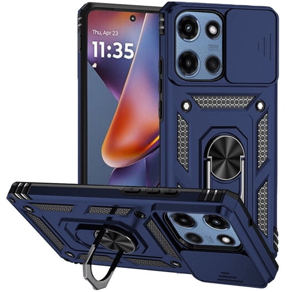 For Motorola Moto G Power 5G 2025 XT2515V Camera Push Magnetic Ring Hybrid Kickstand Cover Cell Phone Case + Tempered Glass - Blue
