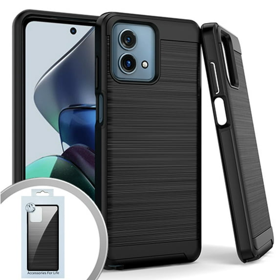 For Motorola Moto G STYLUS 5G 2023 Metallic Brushed Phone Cover Case + Tempered Glass - Black
