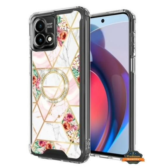 For Motorola Moto G Stylus 5G 2023 Fashion Design Pattern Hybrid Ring Kickstand Bling Diamond Hard PC TPU Phone Case Cover by Xpression - Marble Pink Flowers