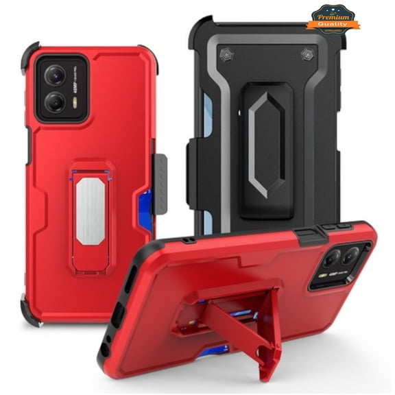 For Motorola Moto G Stylus 5G 2023 Hybrid Invisible ID Card Slot Wallet with Kickstand Holster Belt Clip Heavy Duty Phone Case Cover by Xpression - Red