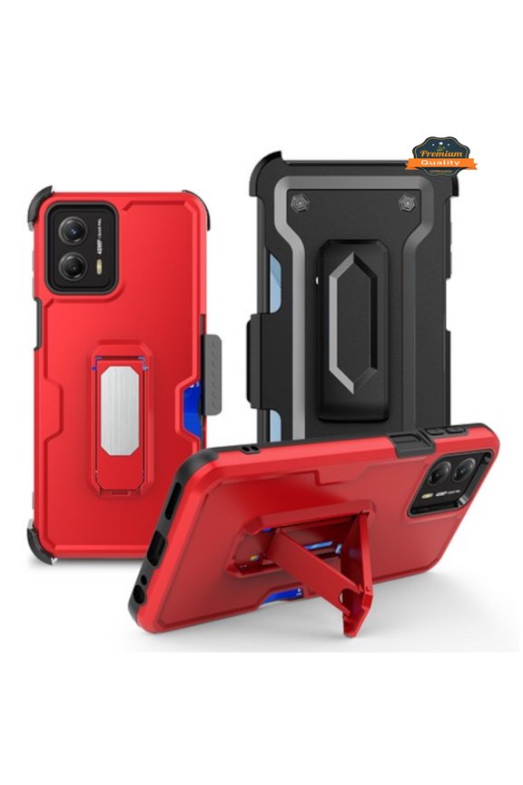 For Motorola Moto G Stylus 5G 2023 Hybrid Invisible ID Card Slot Wallet with Kickstand Holster Belt Clip Heavy Duty Phone Case Cover by Xpression - Red