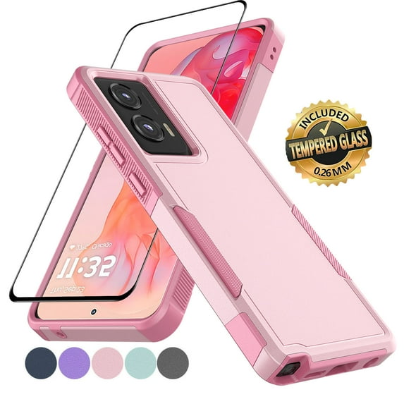 For Motorola Moto G Stylus 5G 2024 Case with Glass Screen Protector, Tekcoo Heavy Duty Rugged Shockproof Full Body Protective 2-IN-1 Phone Case Cover for Moto G Stylus 5G 2024, Pink