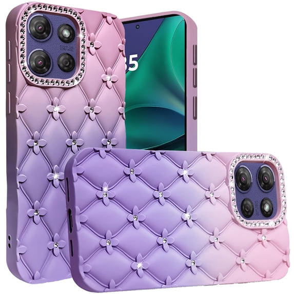 For Motorola Moto G Stylus 5G (2026/2025) Floral Joy Glitter Shimmer Leather Feel Thick TPU Case - Light Pink/Light Purple