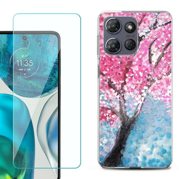 For Motorola Moto G Stylus 5G 2025 Phone Case Cover with Tempered Glass Screen Protector, by OneToughShield - Blossom Paint