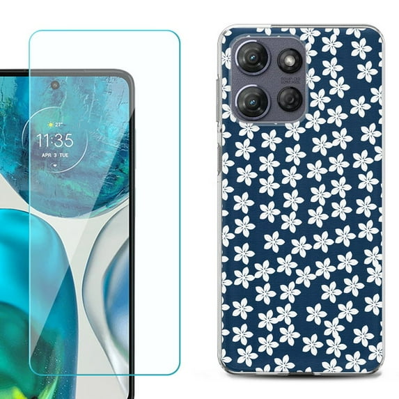 For Motorola Moto G Stylus 5G 2025 Phone Case Cover with Tempered Glass Screen Protector, by OneToughShield - Flower/Blue