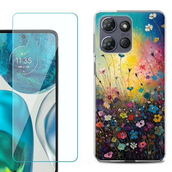 For Motorola Moto G Stylus 5G 2025 Phone Case Cover with Tempered Glass Screen Protector, by OneToughShield - Flower Field