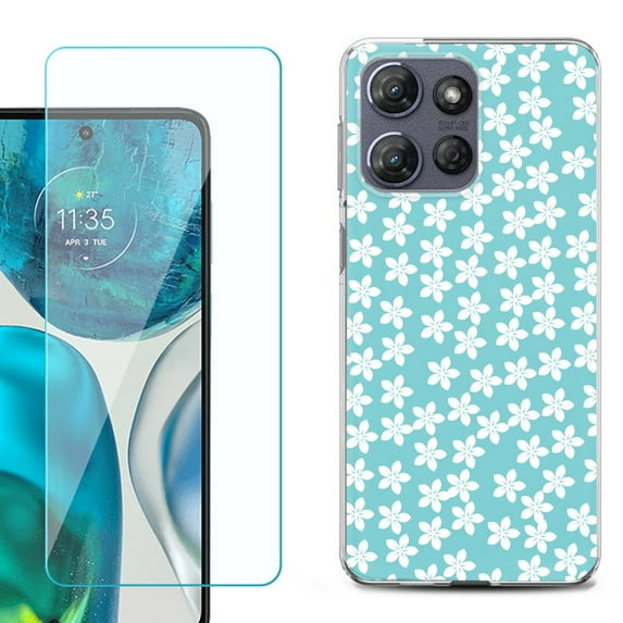 For Motorola Moto G Stylus 5G 2025 Phone Case Cover with Tempered Glass Screen Protector, by OneToughShield - Flower/Teal