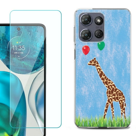 For Motorola Moto G Stylus 5G 2025 Phone Case Cover with Tempered Glass Screen Protector, by OneToughShield - Giraffe/Balloon