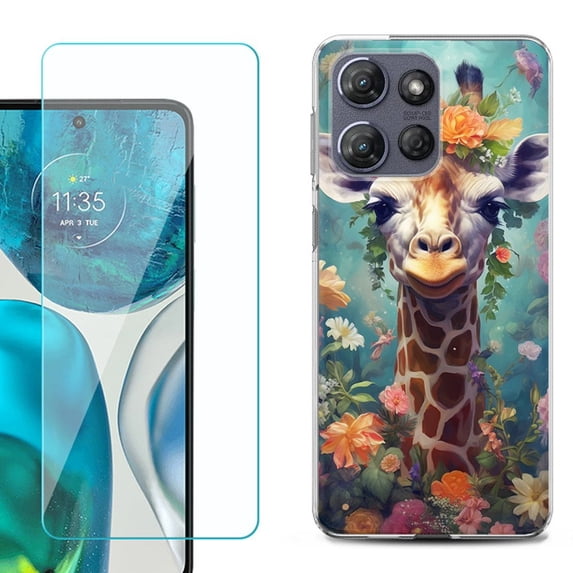 For Motorola Moto G Stylus 5G 2025 Phone Case Cover with Tempered Glass Screen Protector, by OneToughShield - Giraffe Flower