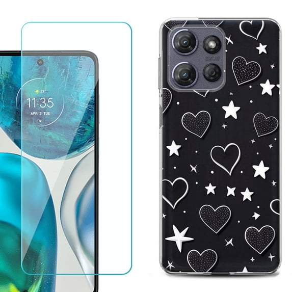 For Motorola Moto G Stylus 5G 2025 Phone Case Cover with Tempered Glass Screen Protector, by OneToughShield - Hearts n Stars