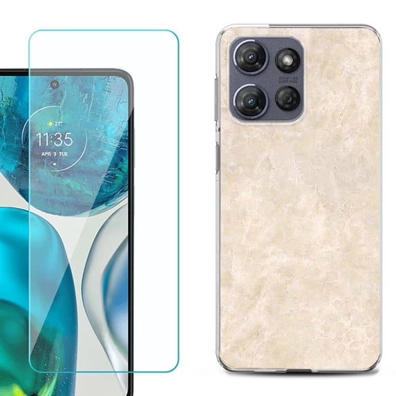 For Motorola Moto G Stylus 5G 2025 Phone Case Cover with Tempered Glass Screen Protector, by OneToughShield - Marble / Latte