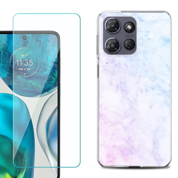 For Motorola Moto G Stylus 5G 2025 Phone Case Cover with Tempered Glass Screen Protector, by OneToughShield - Marble Pink/Blue
