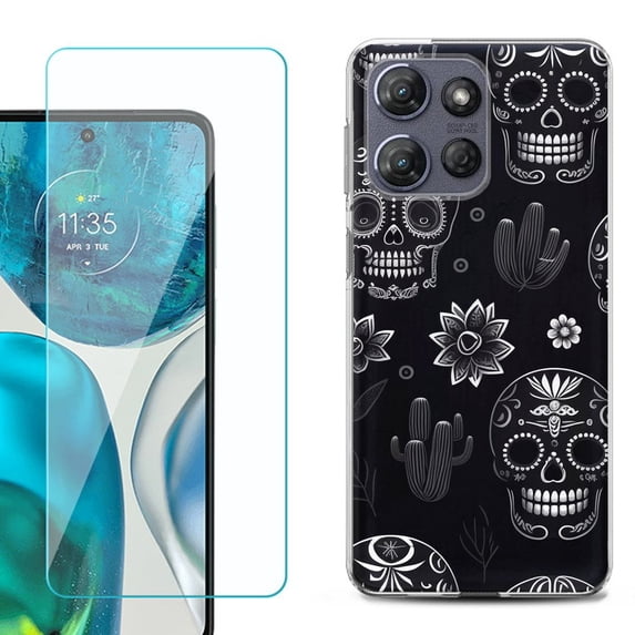 For Motorola Moto G Stylus 5G 2025 Phone Case Cover with Tempered Glass Screen Protector, by OneToughShield - Skull Mix