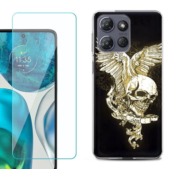 For Motorola Moto G Stylus 5G 2025 Phone Case Cover with Tempered Glass Screen Protector, by OneToughShield - Wing Skull