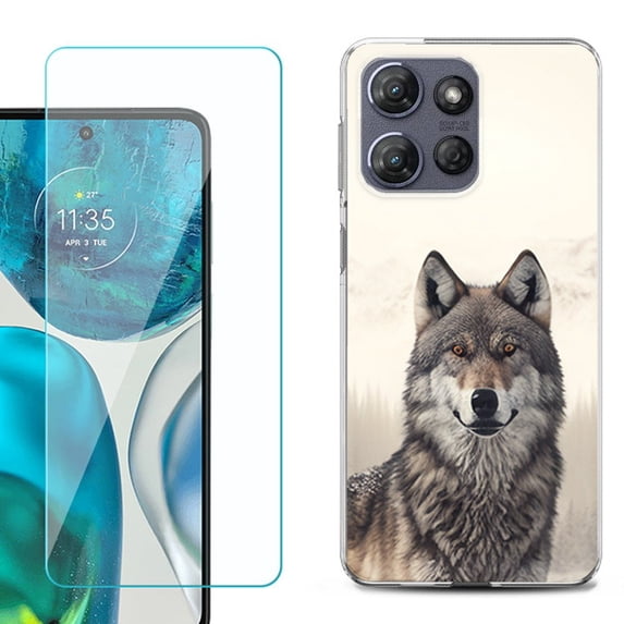 For Motorola Moto G Stylus 5G 2025 Phone Case Cover with Tempered Glass Screen Protector, by OneToughShield - Wolf Snow