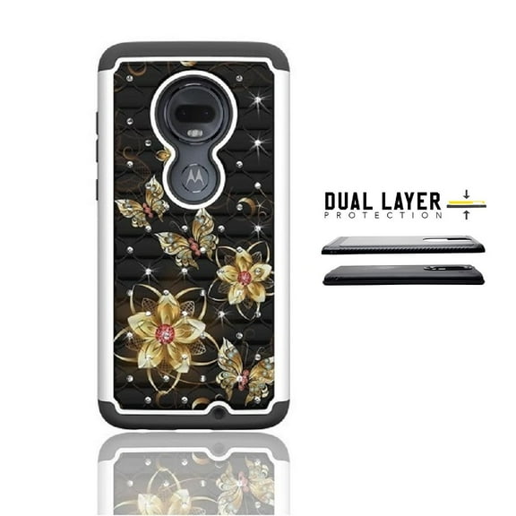 For Motorola Moto G7 XT 1962-4 / Moto G7 Plus XT1965-2 Case, Studded Rhinestone Crystal Bling Shockproof Cover Case (Black- gold butterfly)