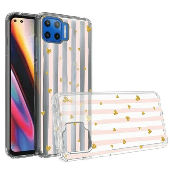 For Motorola Moto One 5G, Moto G 5G Plus Design Transparent Bumper Hybrid Case Cover - Gold Love Stripes
