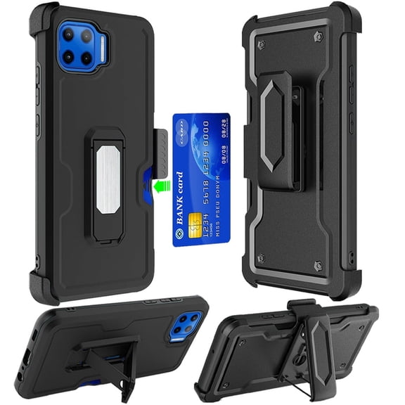 For Motorola Moto One 5g Moto G 5g Plus Card Holster With Kickstand Clip Hybrid Case Cover - Black