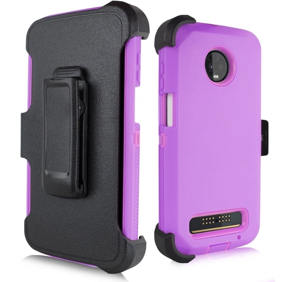 For Motorola Moto Z3/Z3 Play Holster Hybrid Layers Shock Resistant Design Protective Phone Case with Built-in Screen Protector and Kickstand (Purple)