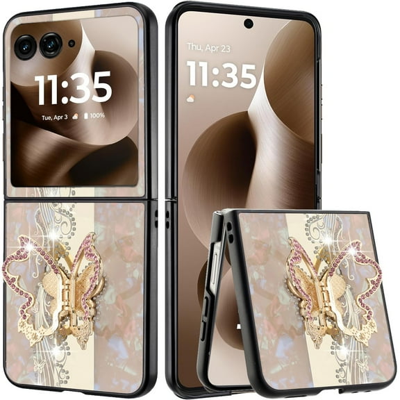 For Motorola Razr+ Plus 2024 SPLENDID Diamond Glitter Ornaments Engraving Case Cover - Enchanted Butterfly Gold