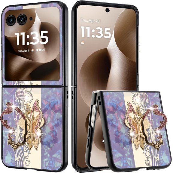 For Motorola Razr+ Plus 2024 SPLENDID Diamond Glitter Ornaments Engraving Case Cover - Enchanted Butterfly Purple