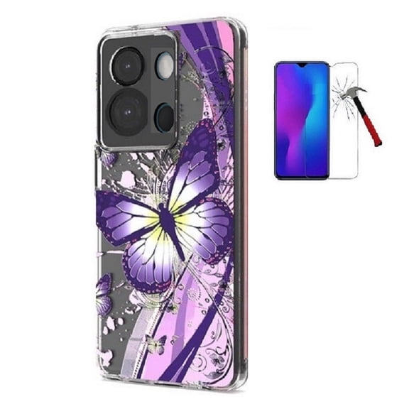 For Motorola moto g stylus (2026)/ moto g stylus 2025 Case, Purple Butterfly Design Transparent Shock-Resistant Hybrid Case Cover with Tempered Glass