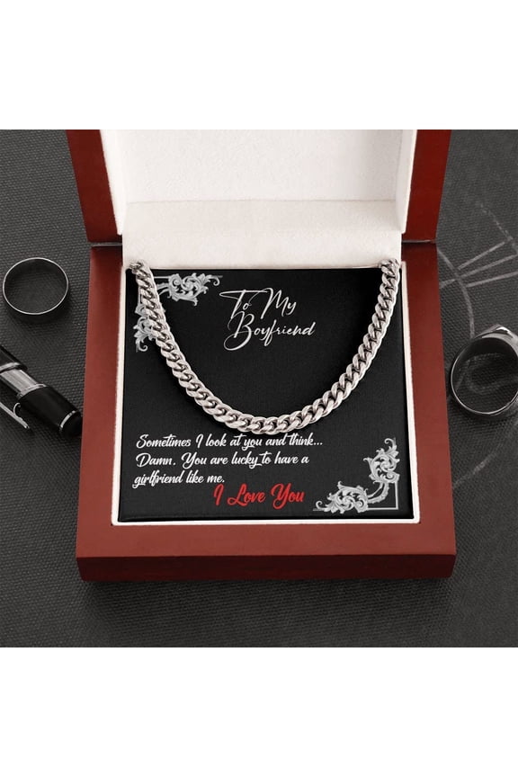 For My Boyfriend I Love You, Cuban Link Chain with Message Card, Silver Men Adult Necklace