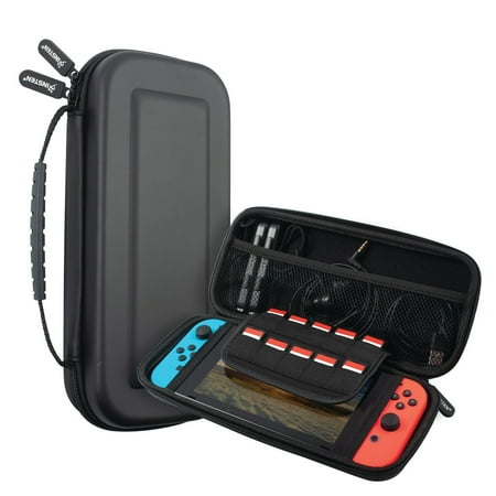 For Nintendo Switch & OLED Model Carrying Case, Black Portable Travel Hard Shell Storage Pouch for Boys with 10 Game Card Slots & Strap