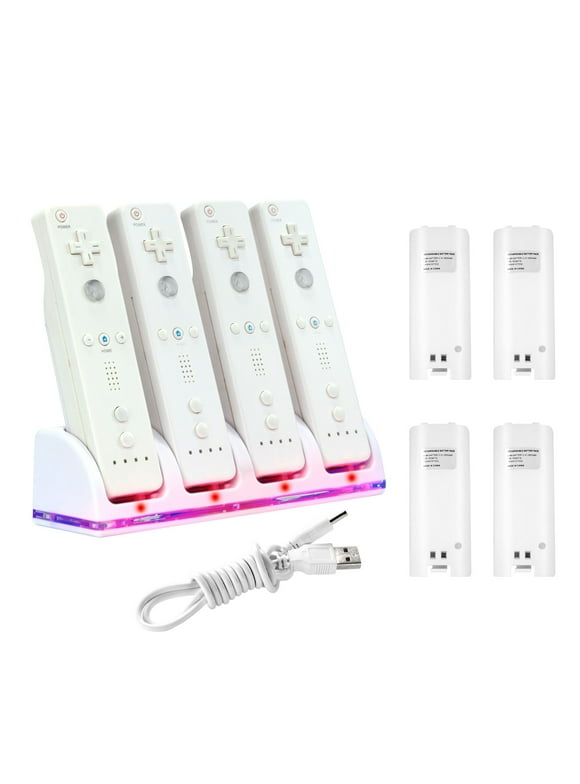 For Nintendo Wii U Quad Remote Controller Charger Charging Dock Station + 4x Rechargeable Replacement Battery Pack Accessories Bundle, White