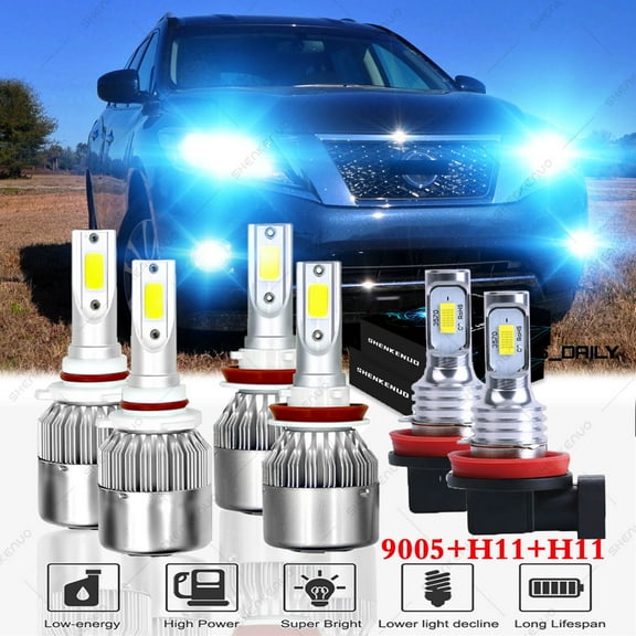 For Nissan Pathfinder 2013-2018 8000K Ice Blue LED Headlight Bulbs,9005 H11 High Beam Low Beam +H11 Fog light,6pcs,SHENKENUO