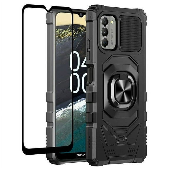 For Nokia C110 Case with Tempered Glass Screen Protector Ring Kickstand Car Mount Shockproof Hard Phone Case Cover - Black