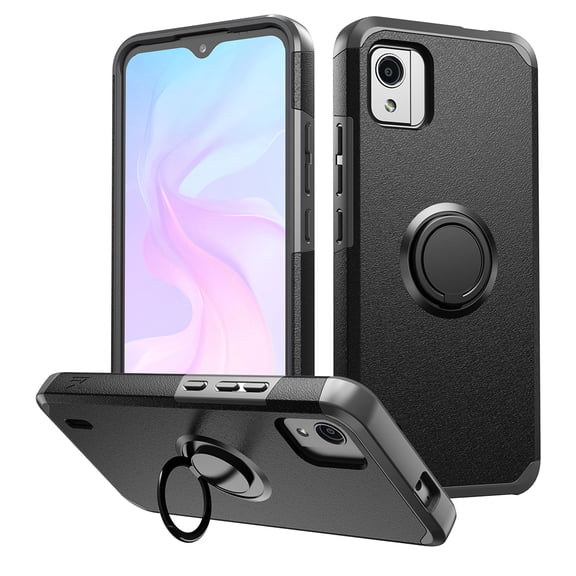 For Nokia C110 N156DL Ring Kickstand Cellphone Cover Case + Tempered Glass - mkrng Black