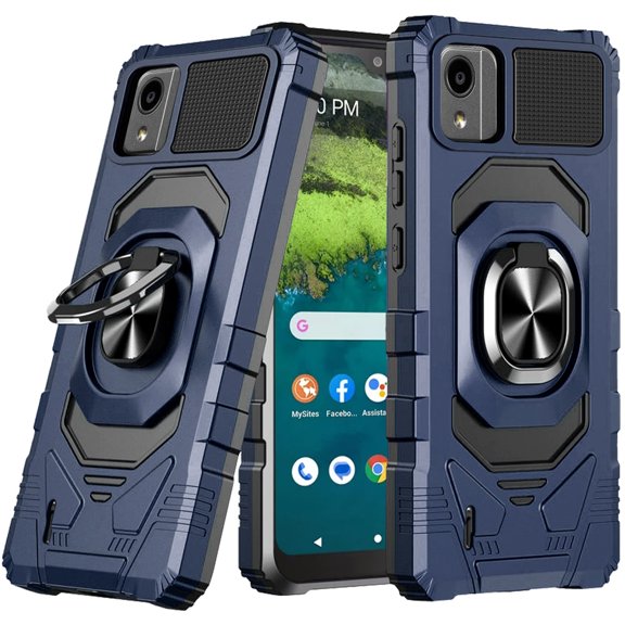 For Nokia C110 N156DL Robotic Ring Kickstand Cover Phone Case + Tempered Glass - Blue