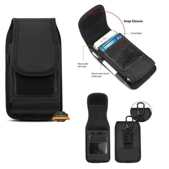For Nokia C200 Universal Vertical Nylon Case Holster with 2 Card Slots, Pen Holder, Belt Clip Loop & Hook Carrying Phone Pouch - Black