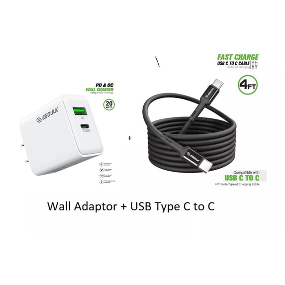 For Nokia C210 Black 18W Fast Home Wall Travel Charger + 4FT Type C to C USB Cable