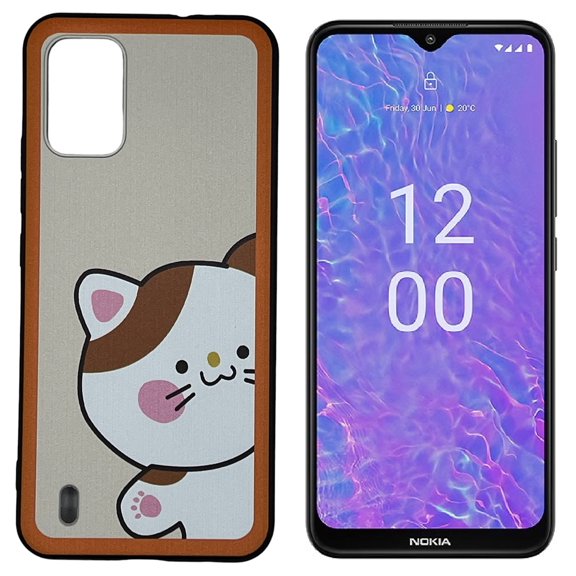 For Nokia C210 TPU Flexible Skin Cover Cellphone Case with Tempered Glass - Cat
