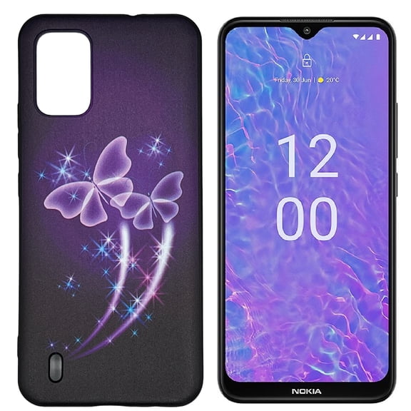 For Nokia C210 TPU Flexible Skin Cover Cellphone Case + Tempered Glass - Purple Butterfly