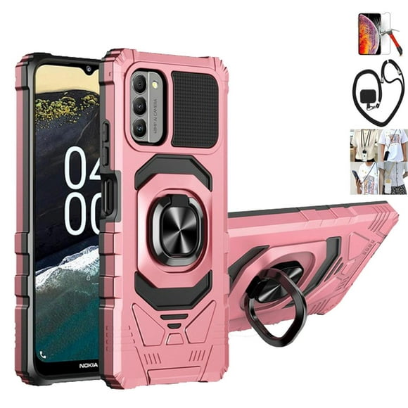 For Nokia C300 Case / G100 with Lanyard Crossbody Necklace, Screen Protector (Robotic Rose Gold / Tempered glass / Lanyard#6)