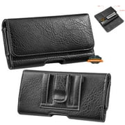 For Nokia G100 N150DL / Nokia G50 5G Universal Horizontal Cell Phone Leather Pouch Holster Carrying Case with Credit Card Slots & Belt Clip Loop Size 7" - Black